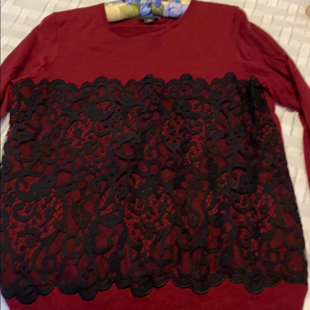 Ann Taylor Burgundy Sweater Black Lace size L